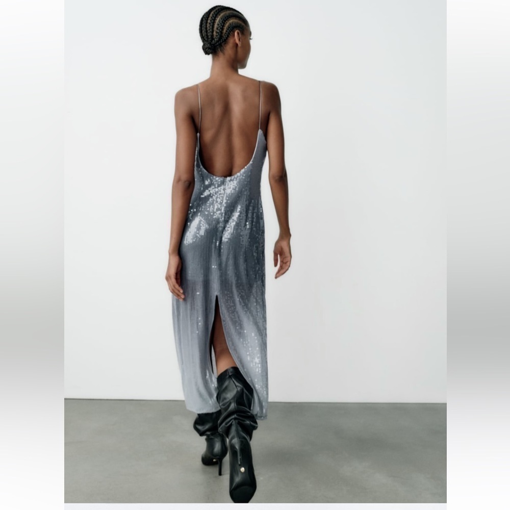 Zara NWT sequin midi dress silver - Picture 8 of 11